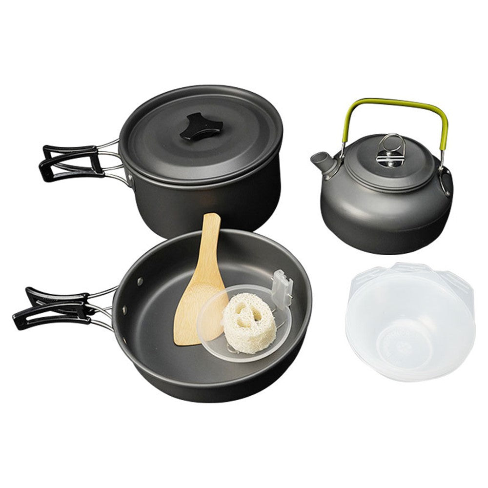 AOTU Outdoor Camping Cooking Set Pot Pan Teapot Cookware Set No FDA Certificate, BPA-Free