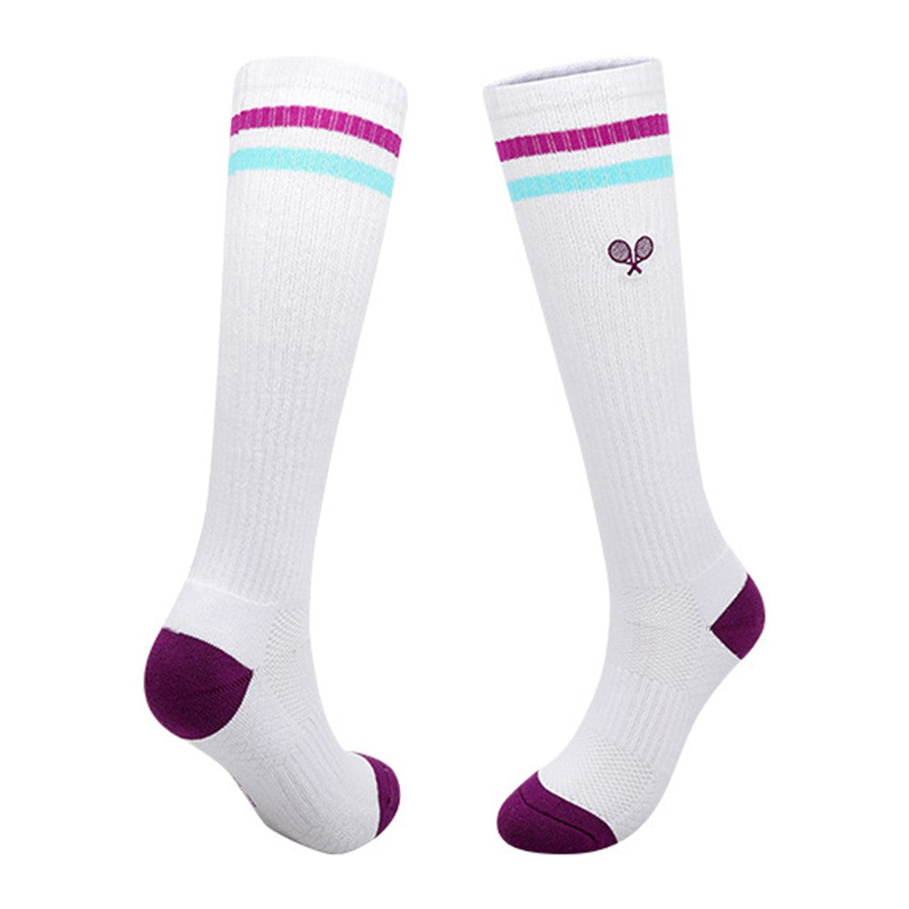 PORFIN 1 Pair Tennis Racket Embroidery Compression Sports Socks Breathable Mesh Long Tube Socks, Size M