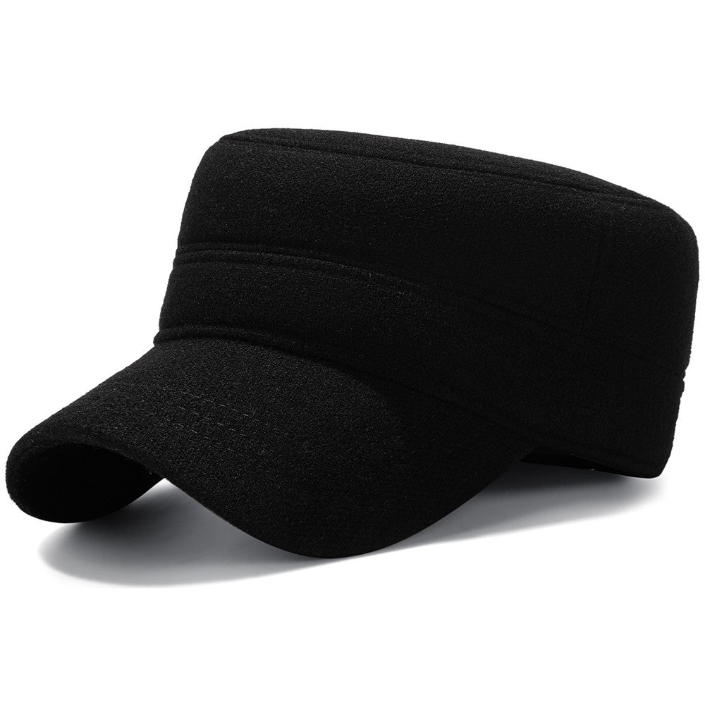 Winter Solid Color Flat Top Cap Thermal Fleece Lined Military Hat Built In Windproof Ear Flaps