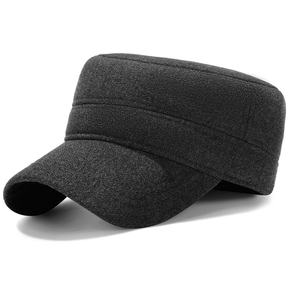 Winter Solid Color Flat Top Cap Thermal Fleece Lined Military Hat Built In Windproof Ear Flaps