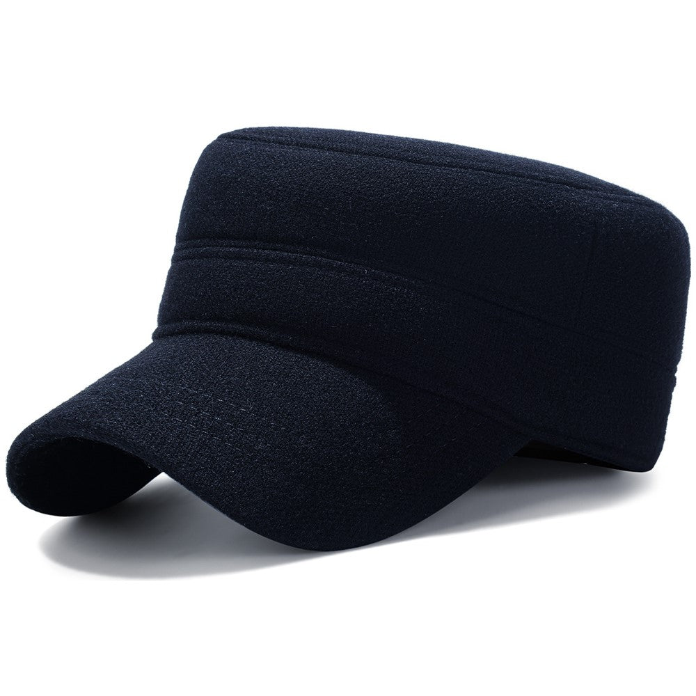 Winter Solid Color Flat Top Cap Thermal Fleece Lined Military Hat Built In Windproof Ear Flaps