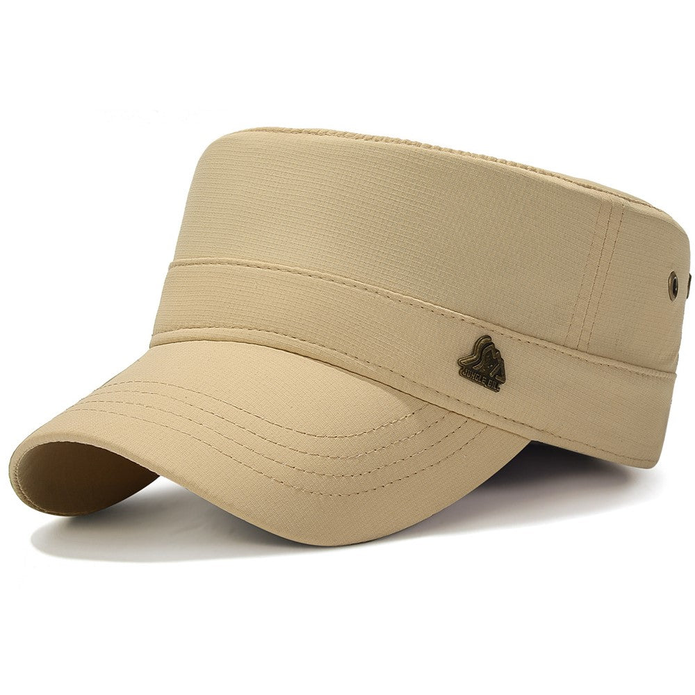 JUNGLE BILL Fashion Casual Flat Top Cap Outdoor Quick Dry Waterproof Sun Protection Hat with Metal Badge