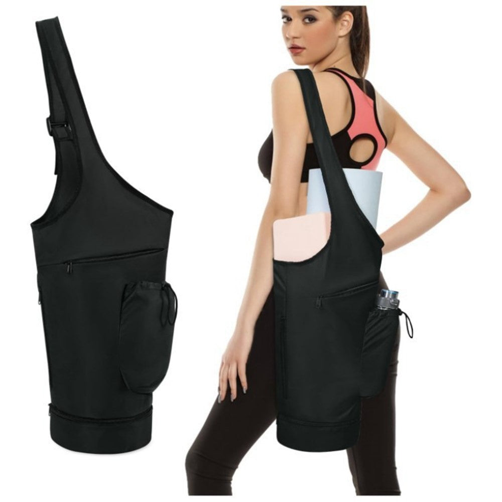 Yoga Mat Carrier Bag Large Opening Polyester Gym Bag with Waterproof Pocket and Drawstring Water Bottle Holder