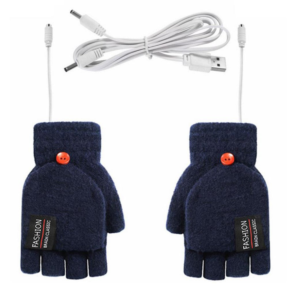 1 Pair USB Electric Heating Winter Gloves Warm Heated Polyester Half Finger Gloves with Flap Lid