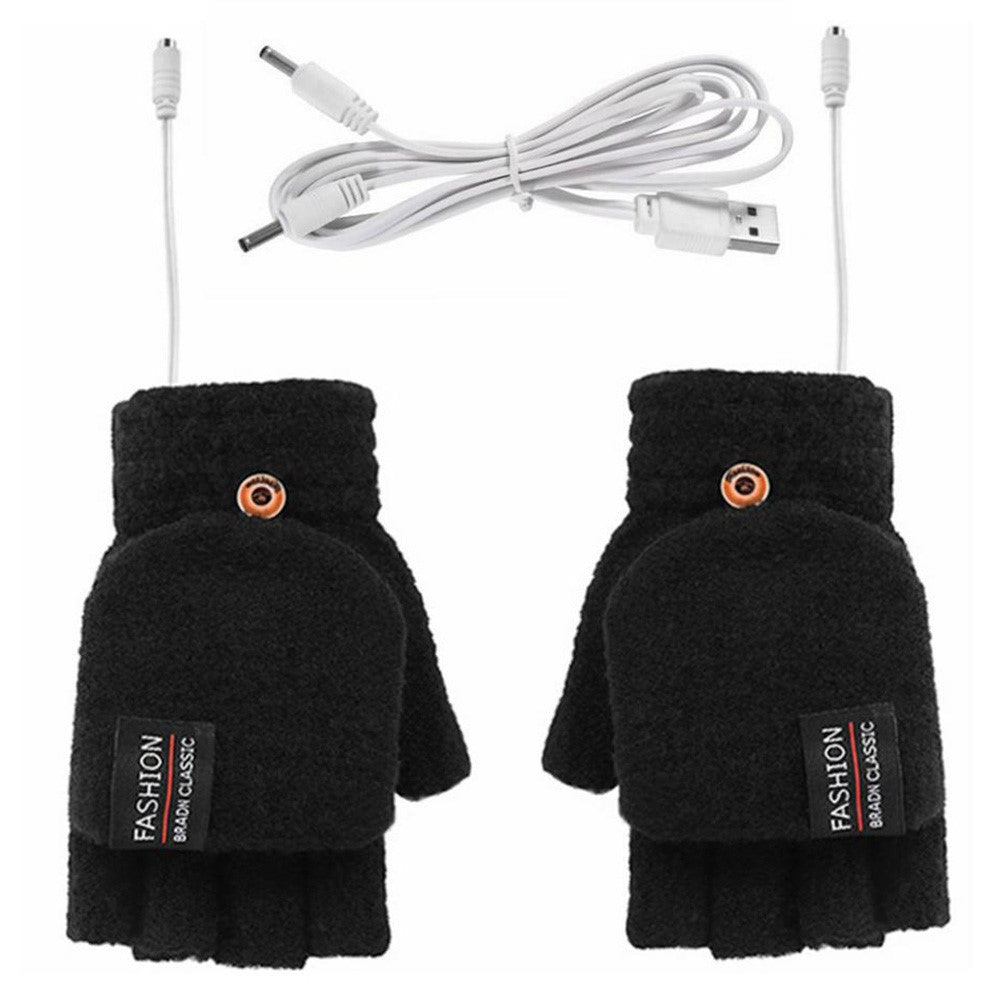 1 Pair USB Electric Heating Winter Gloves Warm Heated Polyester Half Finger Gloves with Flap Lid
