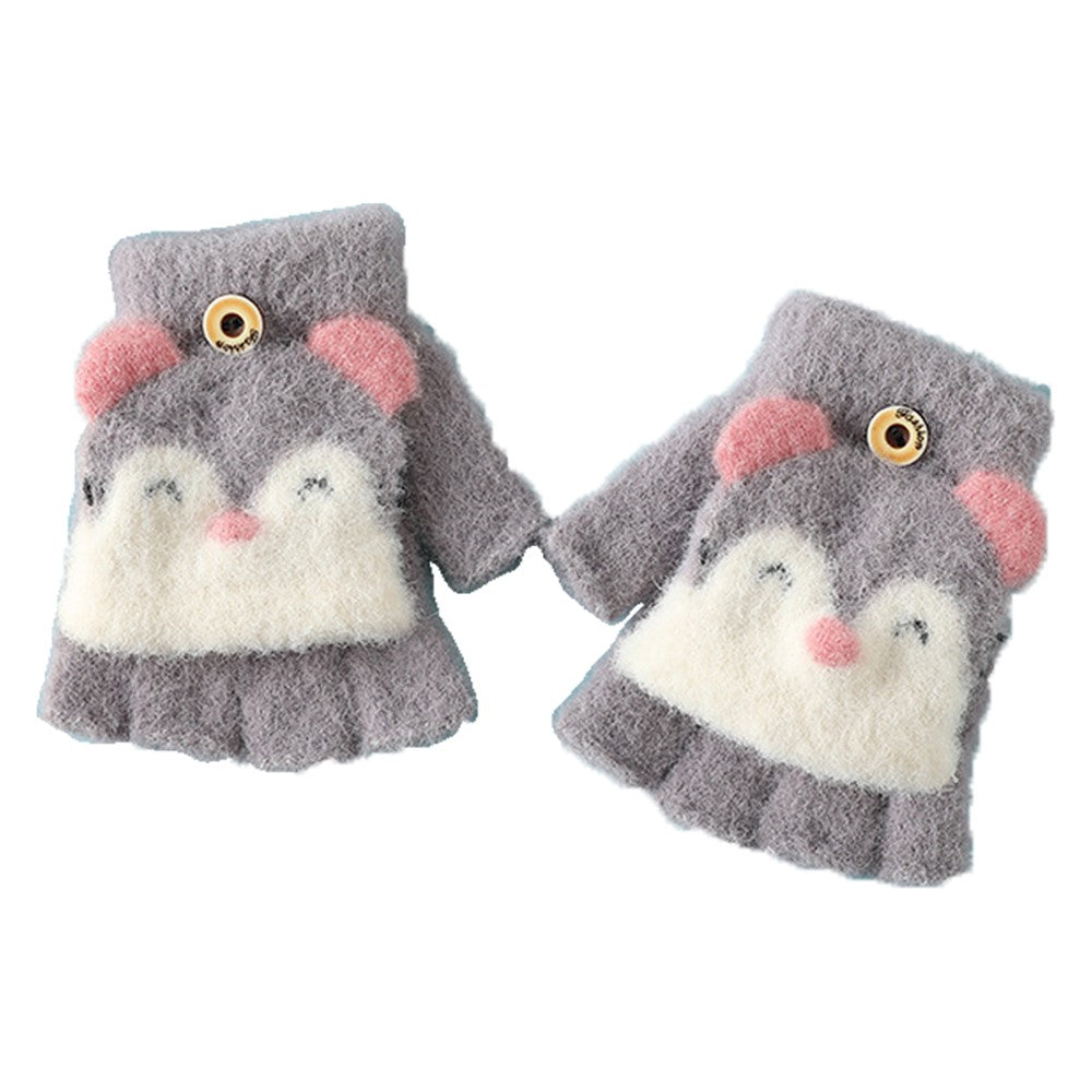 1 Pair Kids Mink Velvet Warm Gloves Half Finger Cover Cartoon Shape