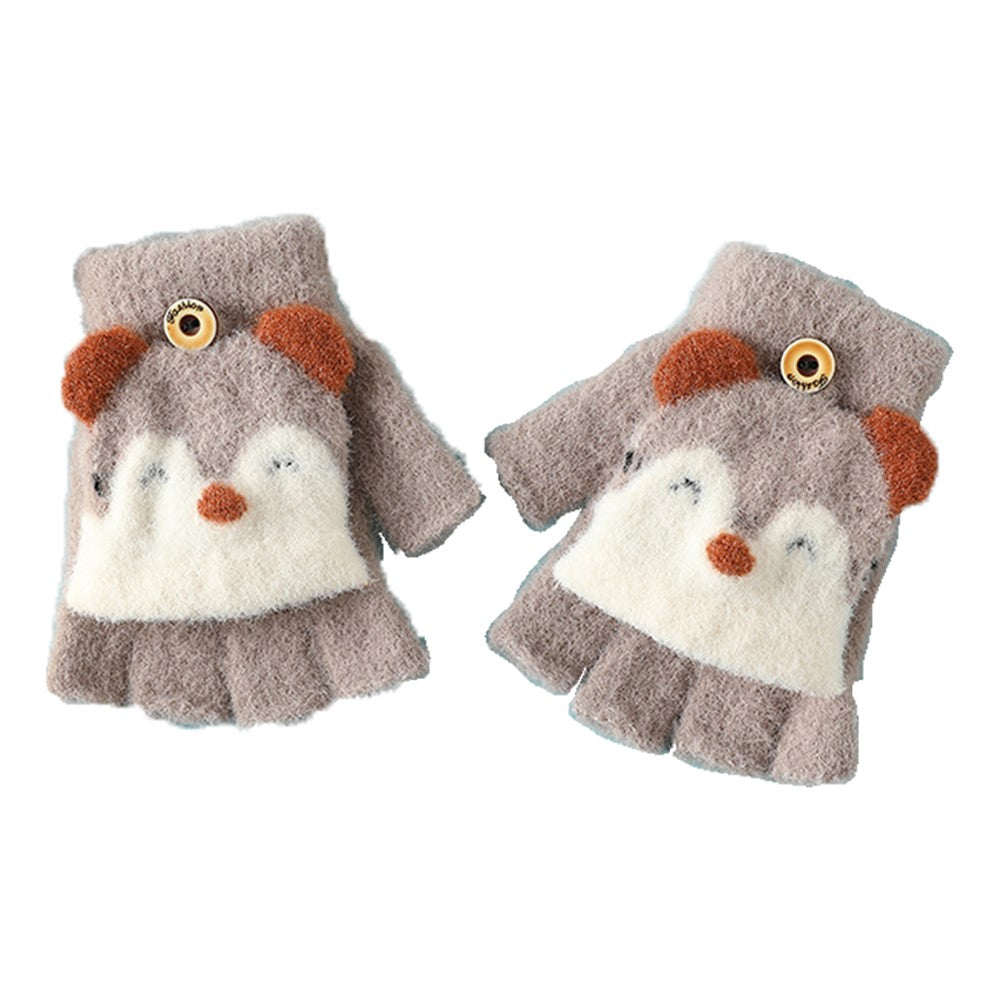 1 Pair Kids Mink Velvet Warm Gloves Half Finger Cover Cartoon Shape