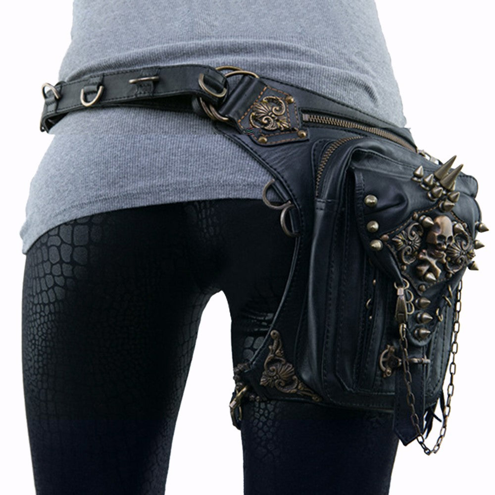 HG061 PU Leather+Metal Punk Waist Bag Tactical Drop Leg Bag Cycling Pack Hip Bag Shoulder Crossbody Bag