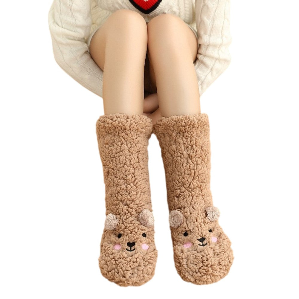 Cute Bear Fleece-Lined Sleeping Socks Cartoon Design Winter Thick Warm Floor Socks