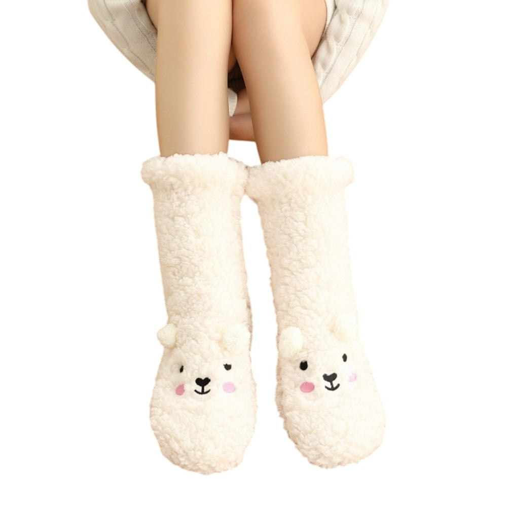 Cute Bear Fleece-Lined Sleeping Socks Cartoon Design Winter Thick Warm Floor Socks