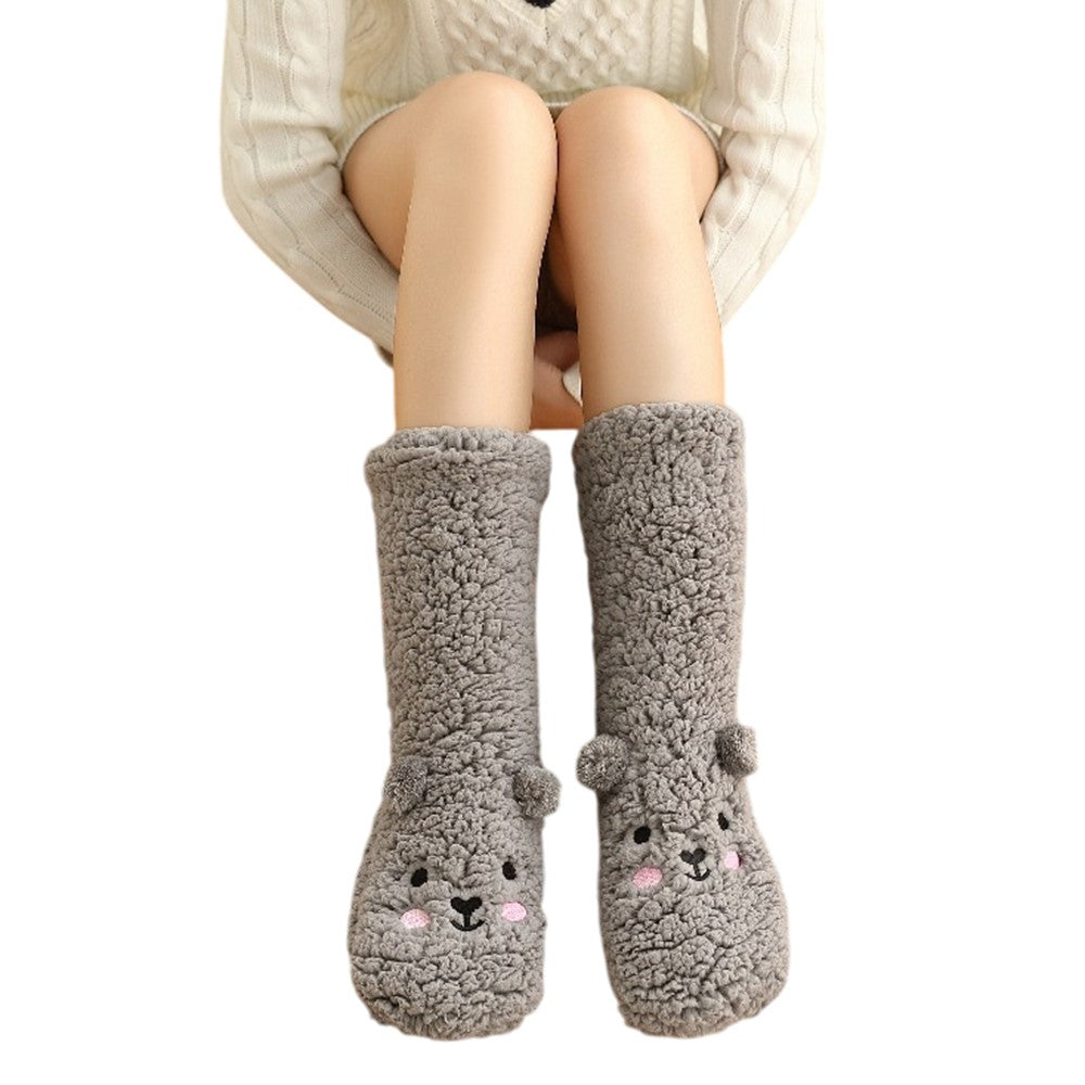 Cute Bear Fleece-Lined Sleeping Socks Cartoon Design Winter Thick Warm Floor Socks
