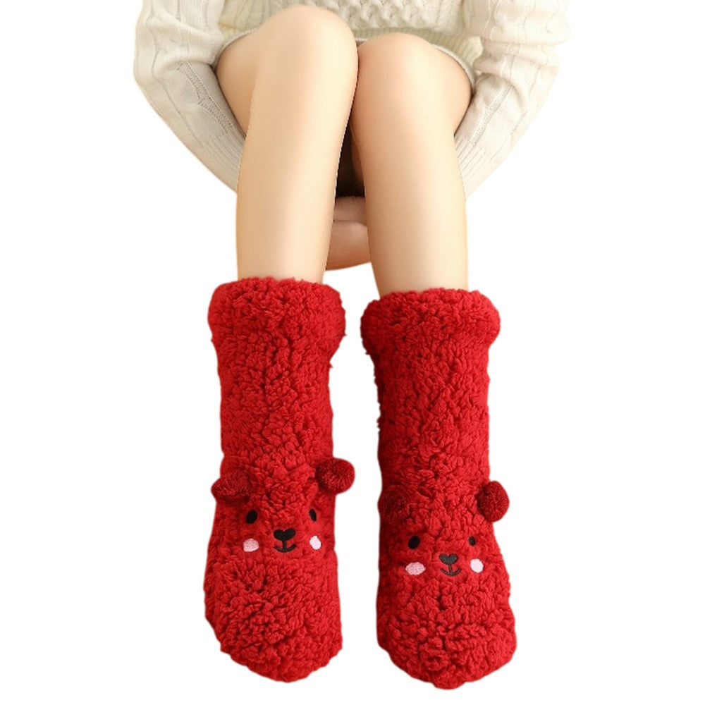 Cute Bear Fleece-Lined Sleeping Socks Cartoon Design Winter Thick Warm Floor Socks