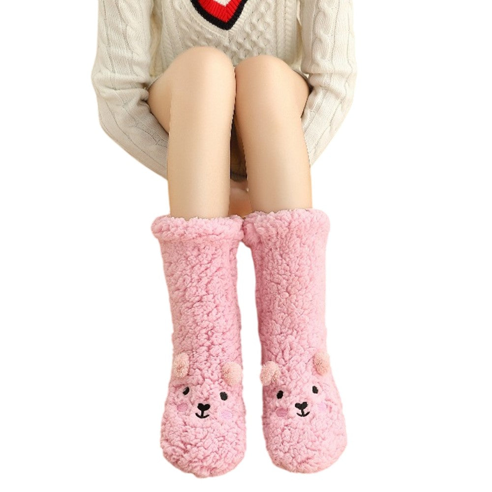 Cute Bear Fleece-Lined Sleeping Socks Cartoon Design Winter Thick Warm Floor Socks