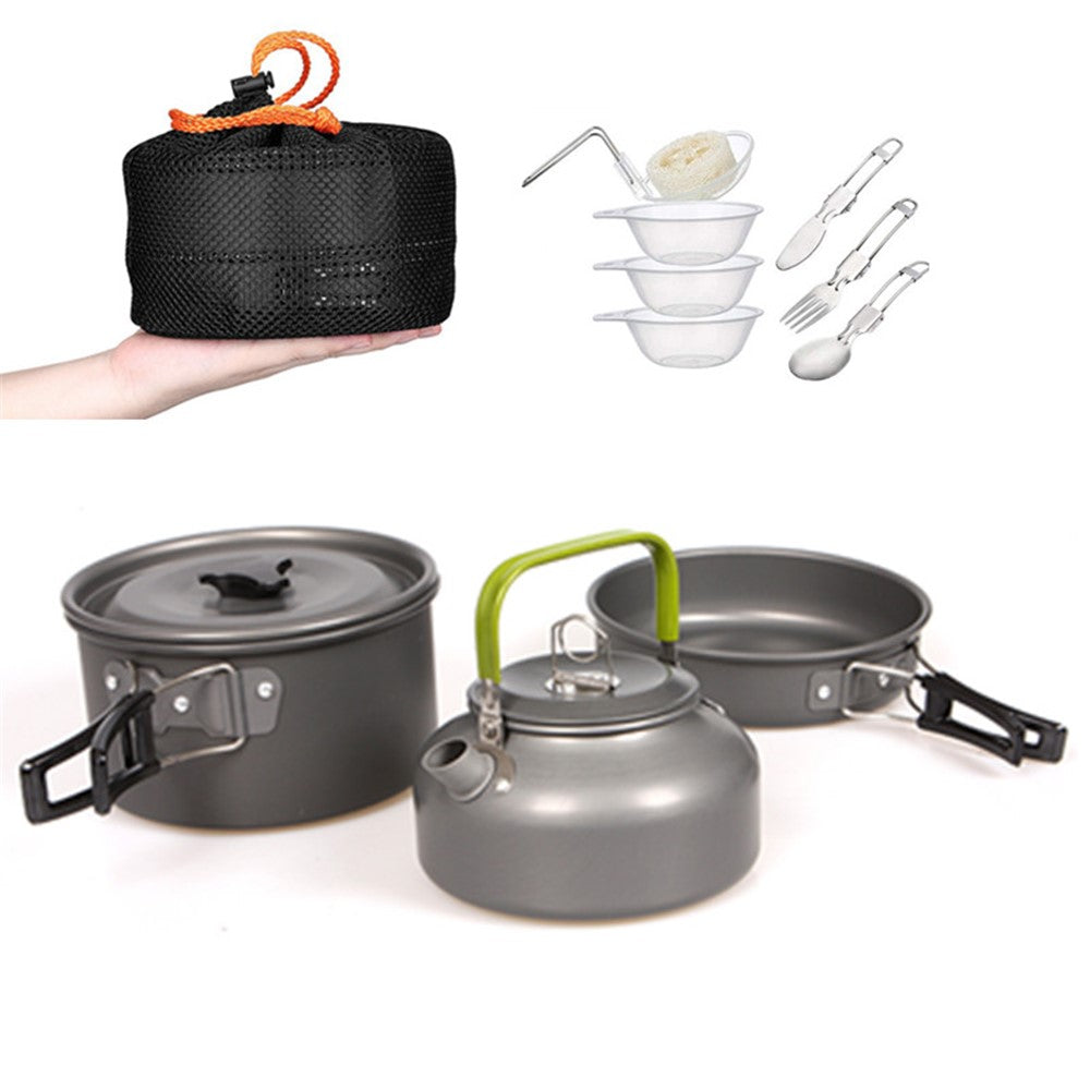 HALIN Outdoor Camping Picnic Pot + Pan + Teapot Cookware Set for 2-3 People