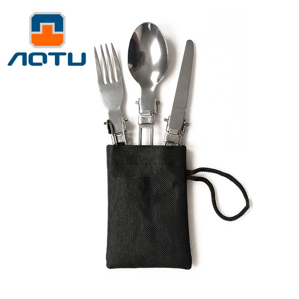 AOTU AT6387 Outdoors Stainless Steel Foldable Knife + Fork + Spoon 3-in-1 Set for Camping, Hiking etc.