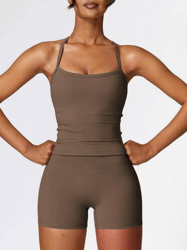 Two Pieces Women's Solid Backless Tracksuit Set, Spaghetti Strap Cami Top & High Waist Skinny Shorts, Ladies Sportswear, Summer Outfits 2024, Tracksuit for Women, Women Sport & Outdoor Clothing-WAYBIKER