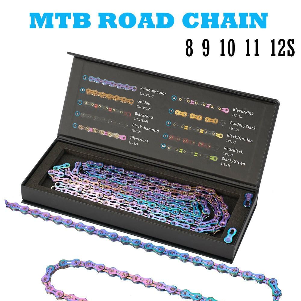 SUMC Bicycle Chain Multi-Colored Rainbow Hollow 9/10/11/12 Speed Semi-Hollow Magic Buckle Road Bike and MTB 126L 116L 250g
