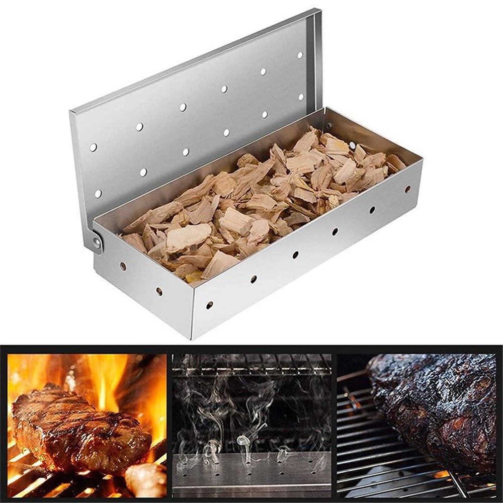Smoker Box for BBQ Grill Wood Chips Charcoal & Gas Barbecue Meat Smoking with Hinged Lid with FDA, BPA-Free