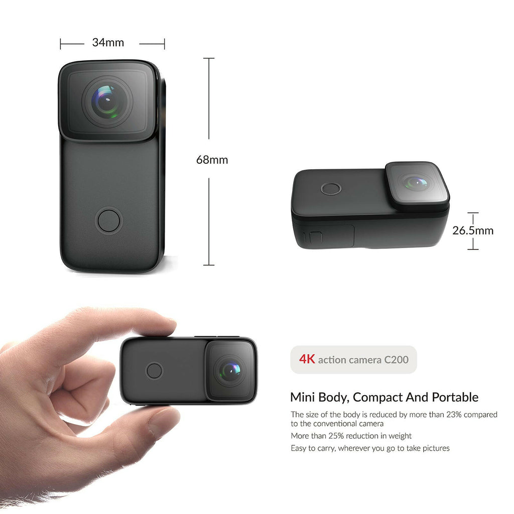 SJCAM C200 4K Mini WiFi Action Camera with 1.28 Inch IPS Screen 5M Body Waterproof 6-Axis Anti-Shake Supports Face Recognition Night Vision Built-in Rechargeable Battery-WAYBIKER