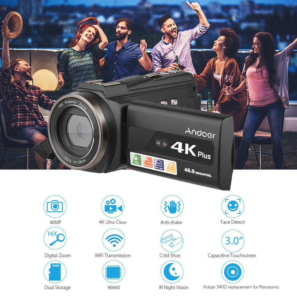 Andoer 4K/60FPS 48MP WiFi Digital Video Camera Set 1 Camcorder Recorder + 1 Microphone + 1 Remote Control + 2 Batteries + 1 Camera Lens with 16X Zoom 3 Inch Touchscreen IR Infrared Night Sight Cold Shoe Mount