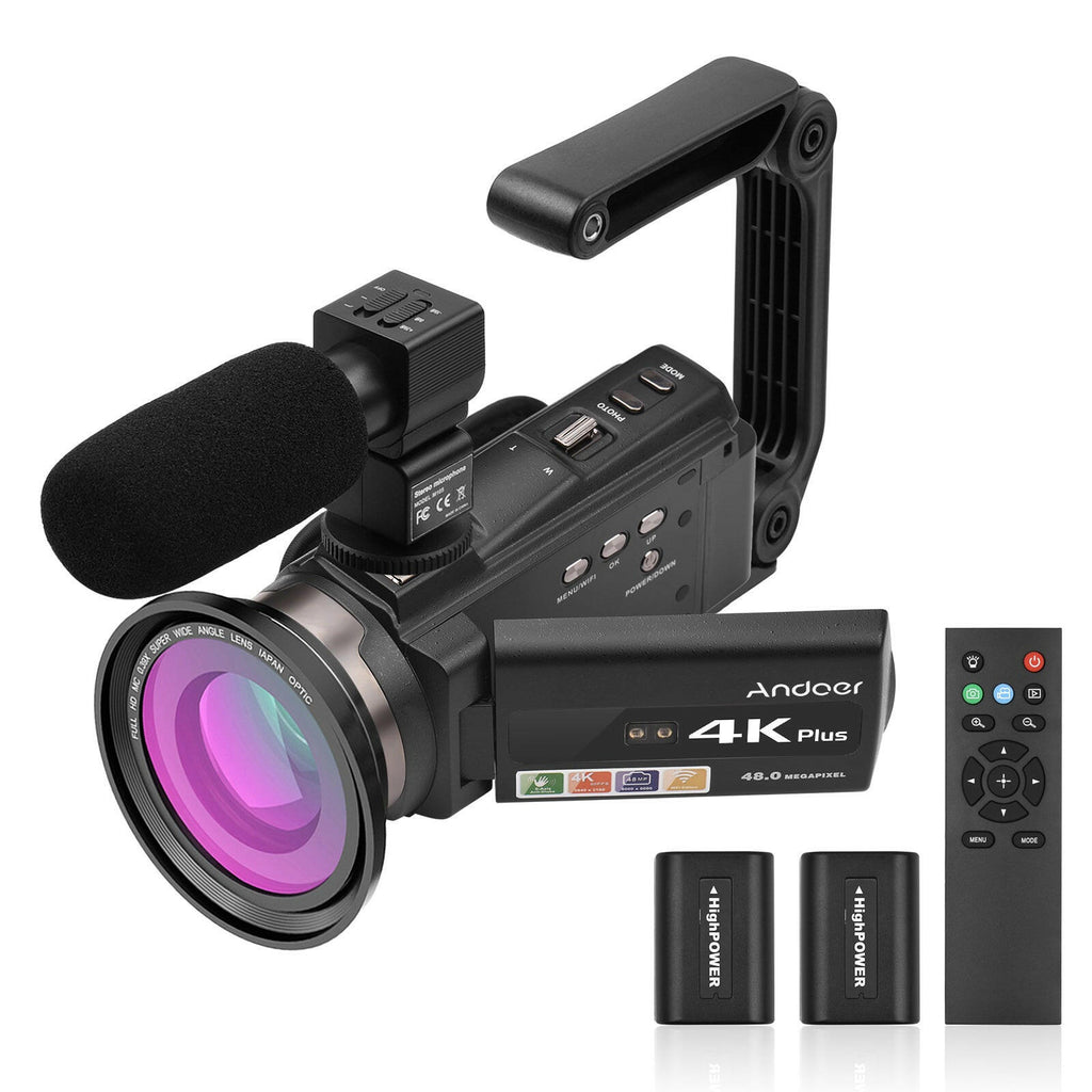 Andoer 4K/60FPS 48MP WiFi Digital Video Camera Set 1 Camcorder Recorder + 1 Microphone + 1 Remote Control + 2 Batteries + 1 Camera Lens with 16X Zoom 3 Inch Touchscreen IR Infrared Night Sight Cold Shoe Mount