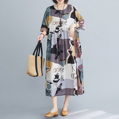 Summer Vintage Women Cotton Linen Dress Print Spliced Striped O Neck Short Sleeve with Pocket Loose Dress
