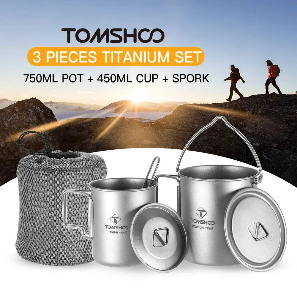 TOMSHOO Lightweight Titanium 3 Pieces Set Titanium 750ml Pot 450ml Water Cup Mug with Lid Collapsible Handle Folding Spork-WAYBIKER