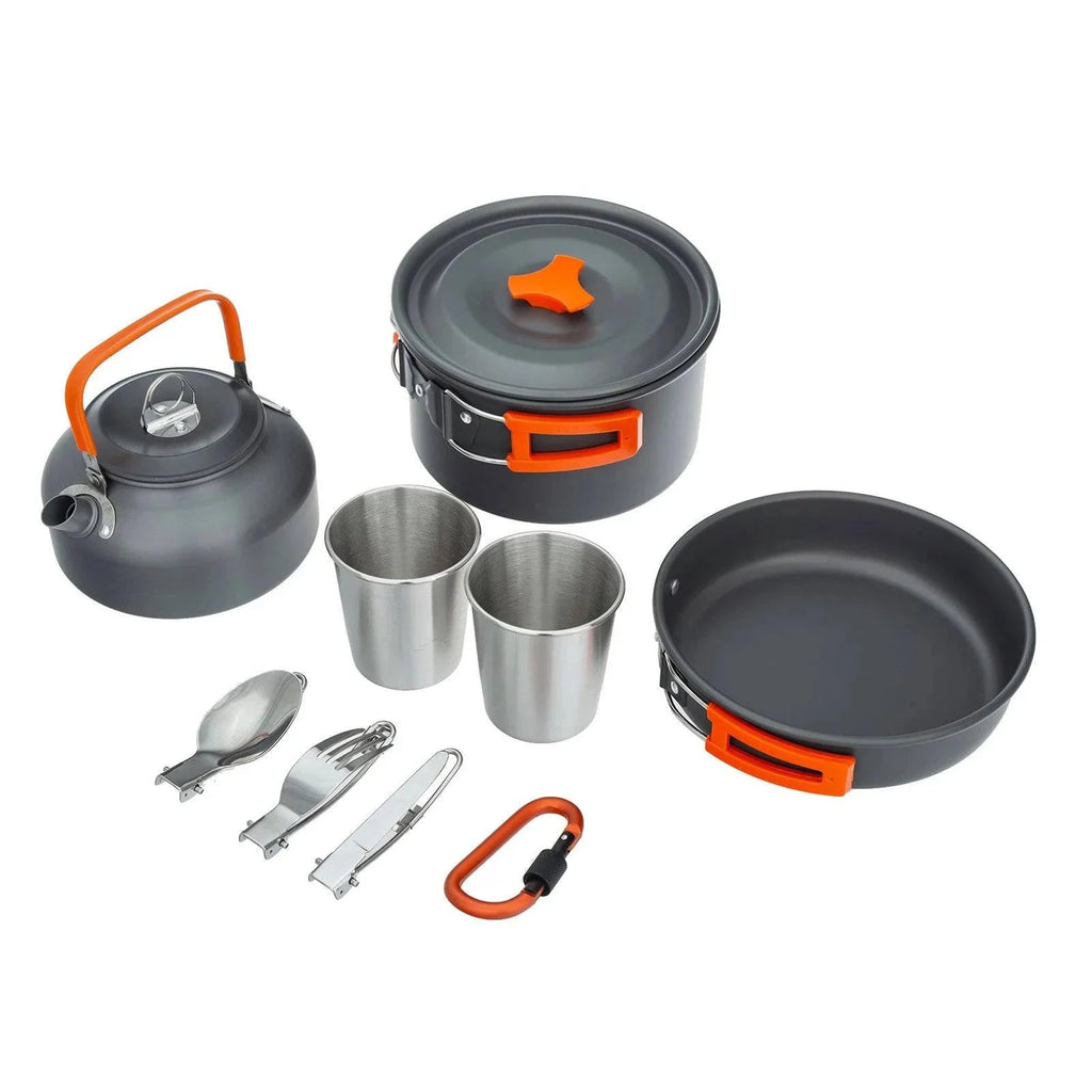 Outdoor Camping Cookware Set Folding Portable Pot Pan Kettle Cup Spoon Fork Cutter Carabiner for Picnic Hiking Camping Equipment-WAYBIKER