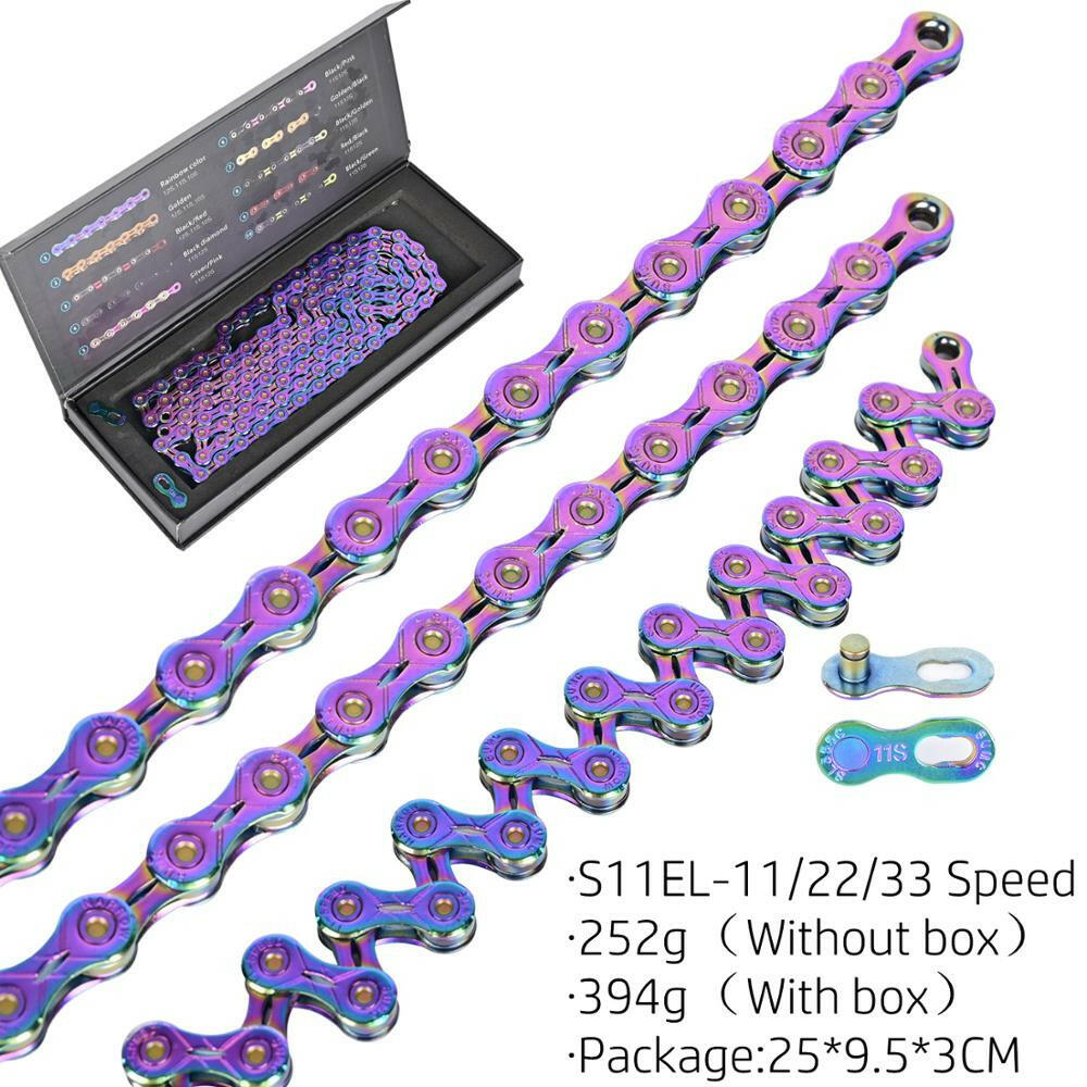 SUMC Bicycle Chain Multi-Colored Rainbow Hollow 9/10/11/12 Speed Semi-Hollow Magic Buckle Road Bike and MTB 126L 116L 250g-WAYBIKER