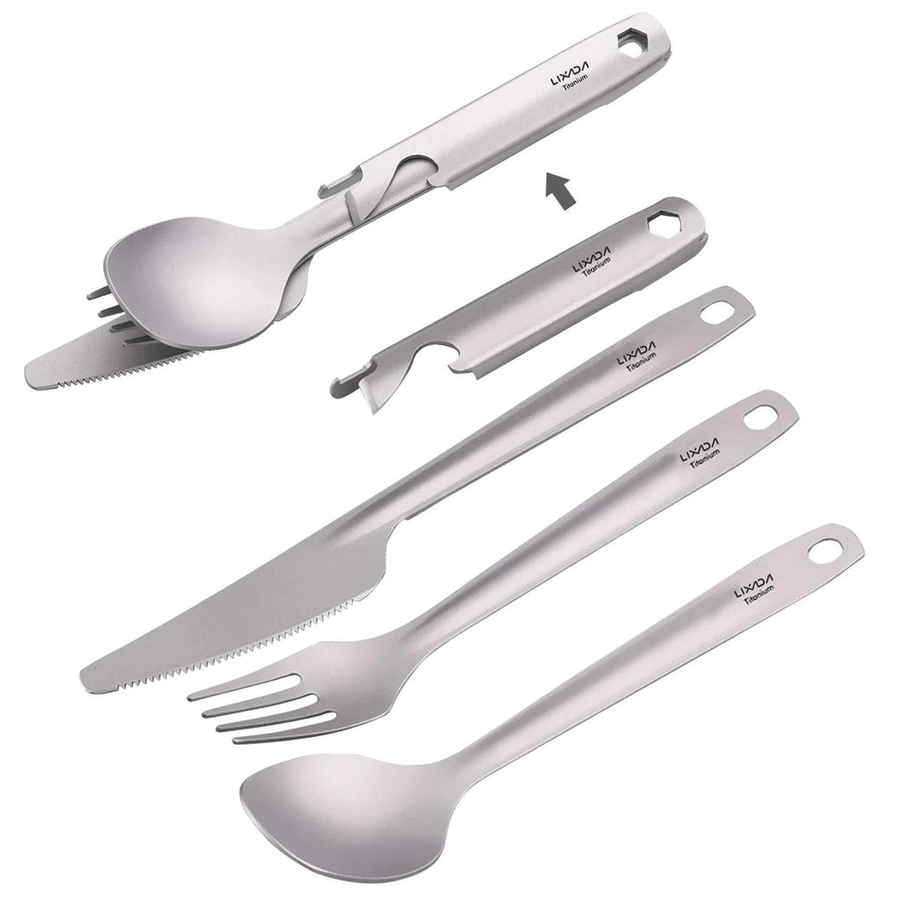 Lixada 4-in-1 Titanium Flatware Cutlery Set Lightweight Dinner Spoon Fork Cutter with Storage Holder for Camping Hiking Picnic-WAYBIKER