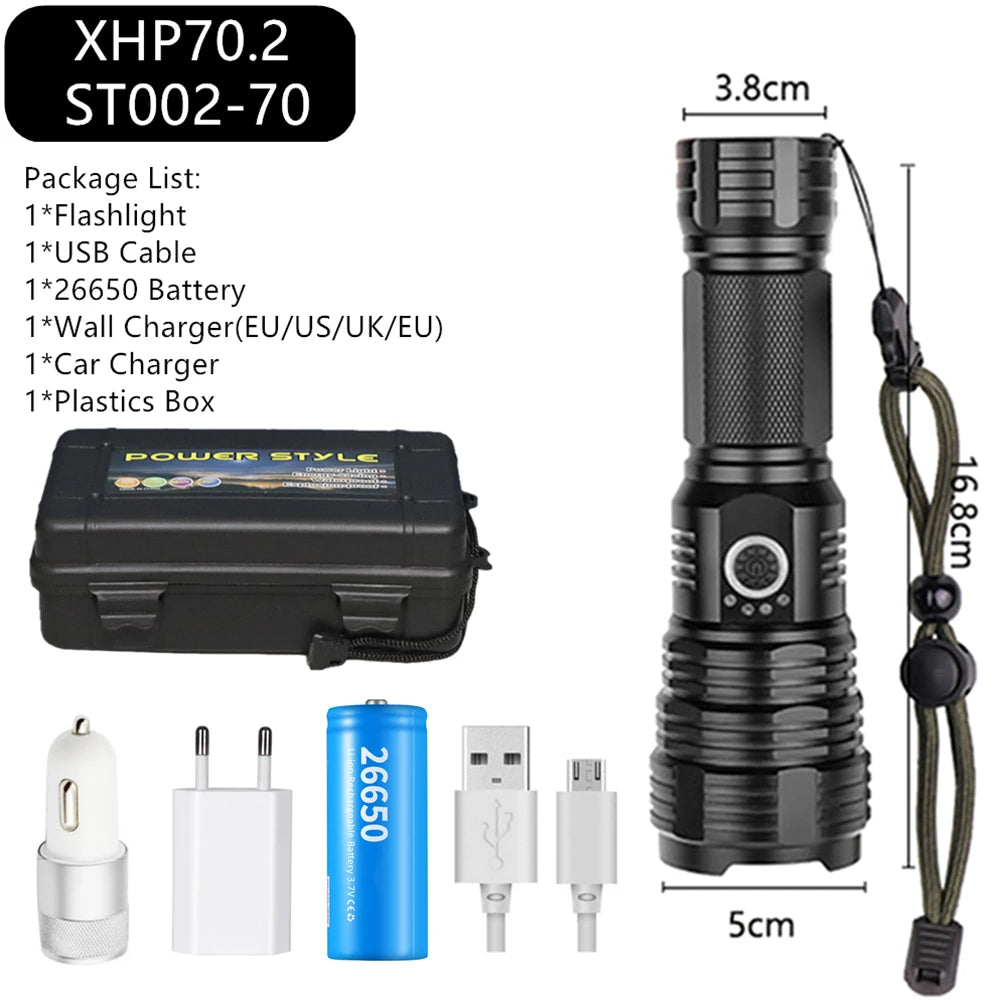 Ultra Powerful LED Flashlight USB Rechargeable Zoomable Torch XHP50 XHP70 XHP70.2 Hand Lamp 26650 18650 Battery Flash Light-WAYBIKER