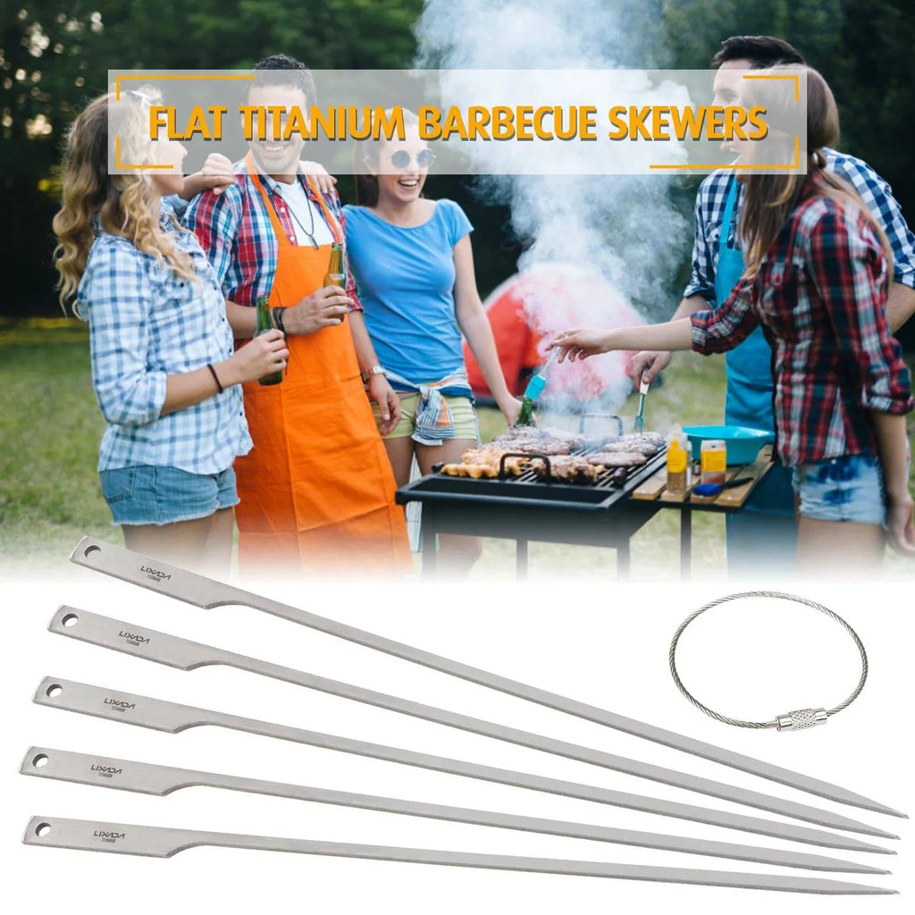 Lixada 5pcs 10 Inch Flat Titanium Barbecue Skewers Outdoor Backyard Picnic BBQ Grilling Kabob Skewers BBQ Sticks with Wire Ring-WAYBIKER