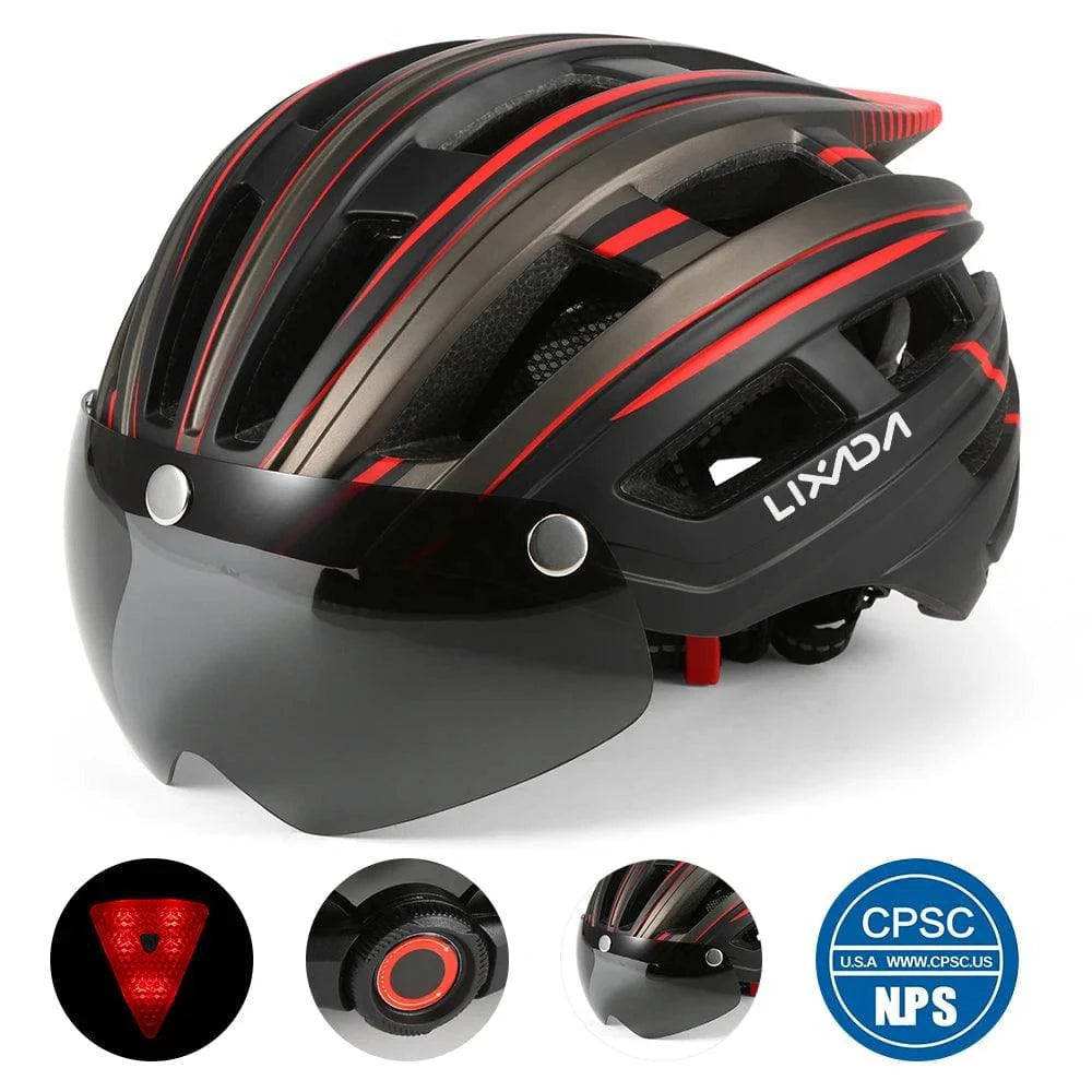 Lixada Bicycle Helmet LED Moutain Road USB Rechargeable Light Cycling Helmet For Man Sun Visor Goggles Men MTB Bike Headgear-WAYBIKER