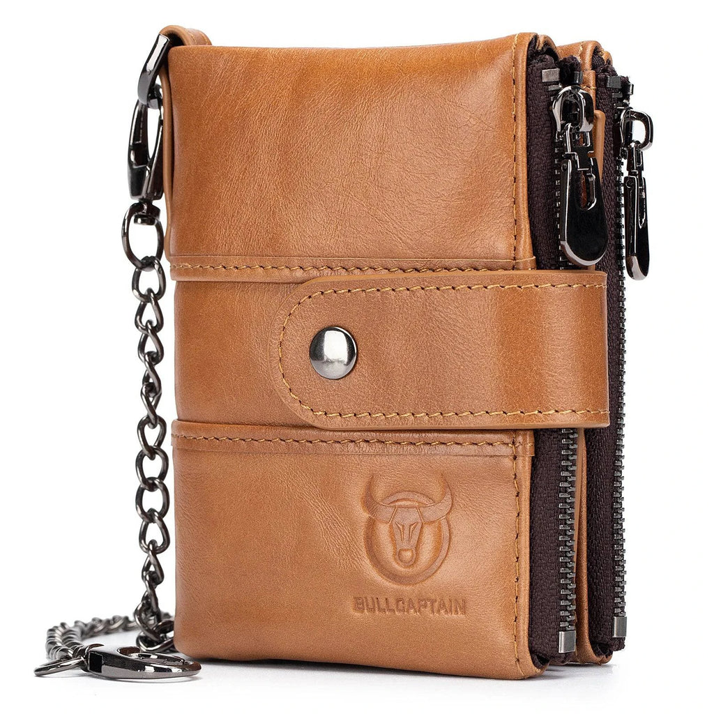 BULLCAPTAIN Durable Men Vintage Cow Leather Wallet Card Holder Foldable Wallet Purse with Chain Black / Coffee / Brown 2021-WAYBIKER
