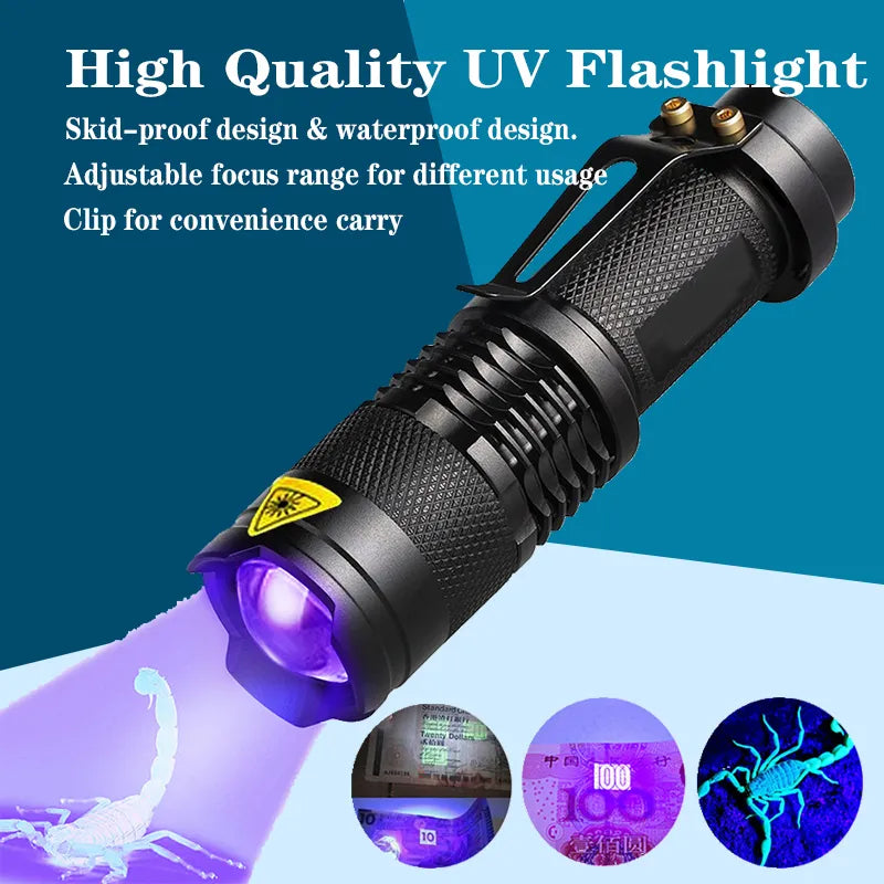 Led Ultraviolet Flashlight UV Light Portable Mini Zoom UV Lighting Torch Light Flashlight Ultraviolet Detector 365/395nm Lamp