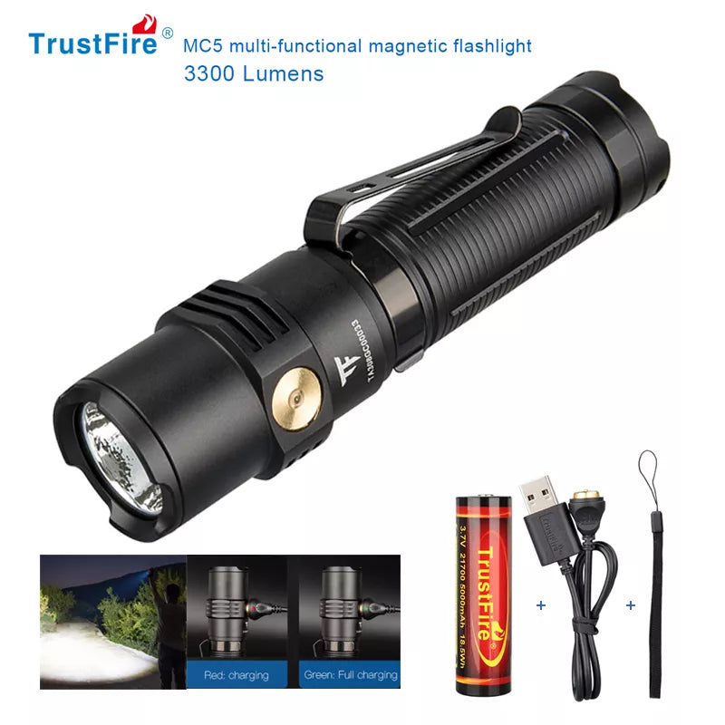 High Power Led Flashlights Trustfire MC5 3300 Lumens Rechargeable Edc Magnetic Charging Use 21700 Battery Power Indicator Torchs-WAYBIKER