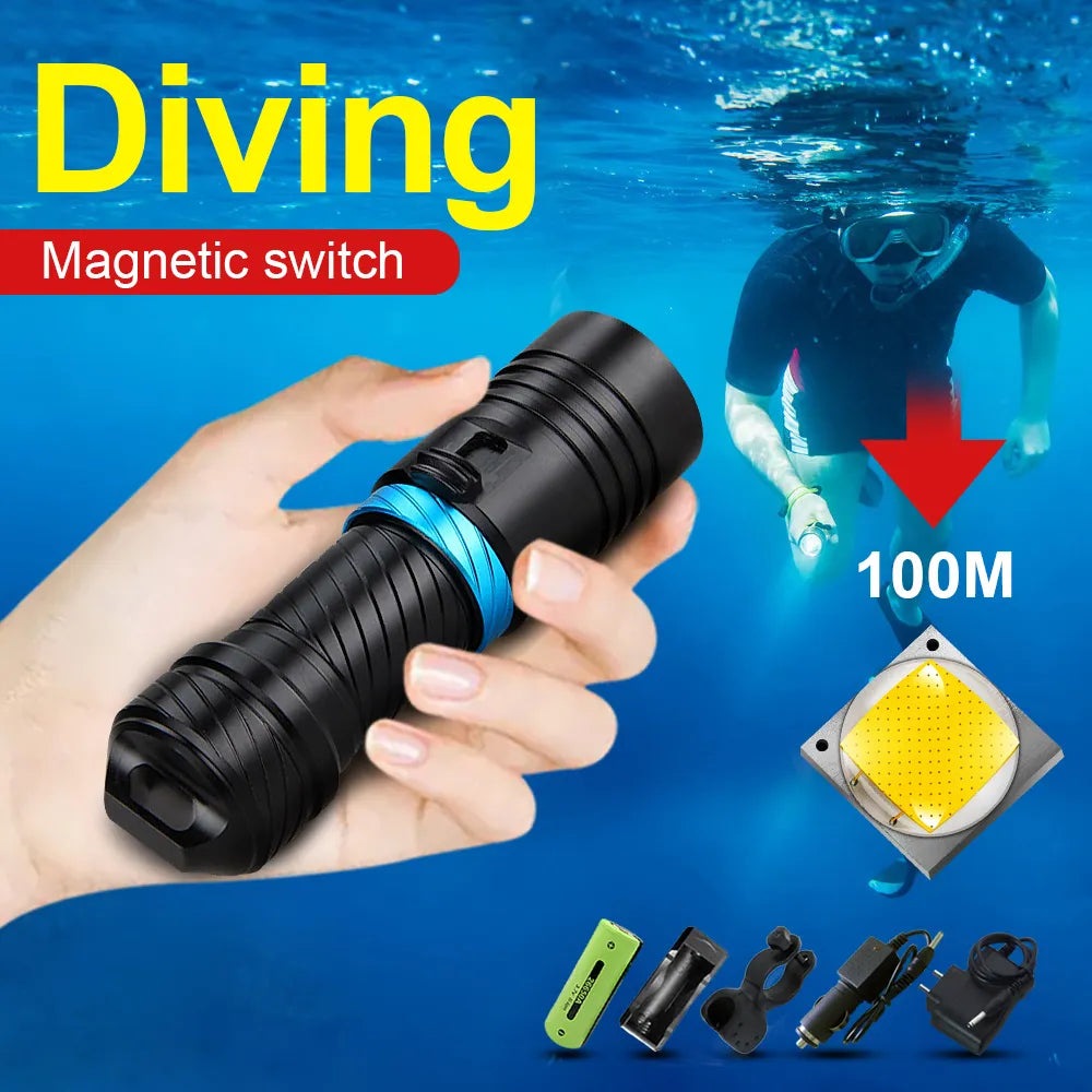 Professional Diving Torch IPX8 100M Diving Flashlight 18650 26650 Underwater Lamp Rechargeable Led Lantern Waterproof Flashlight-WAYBIKER