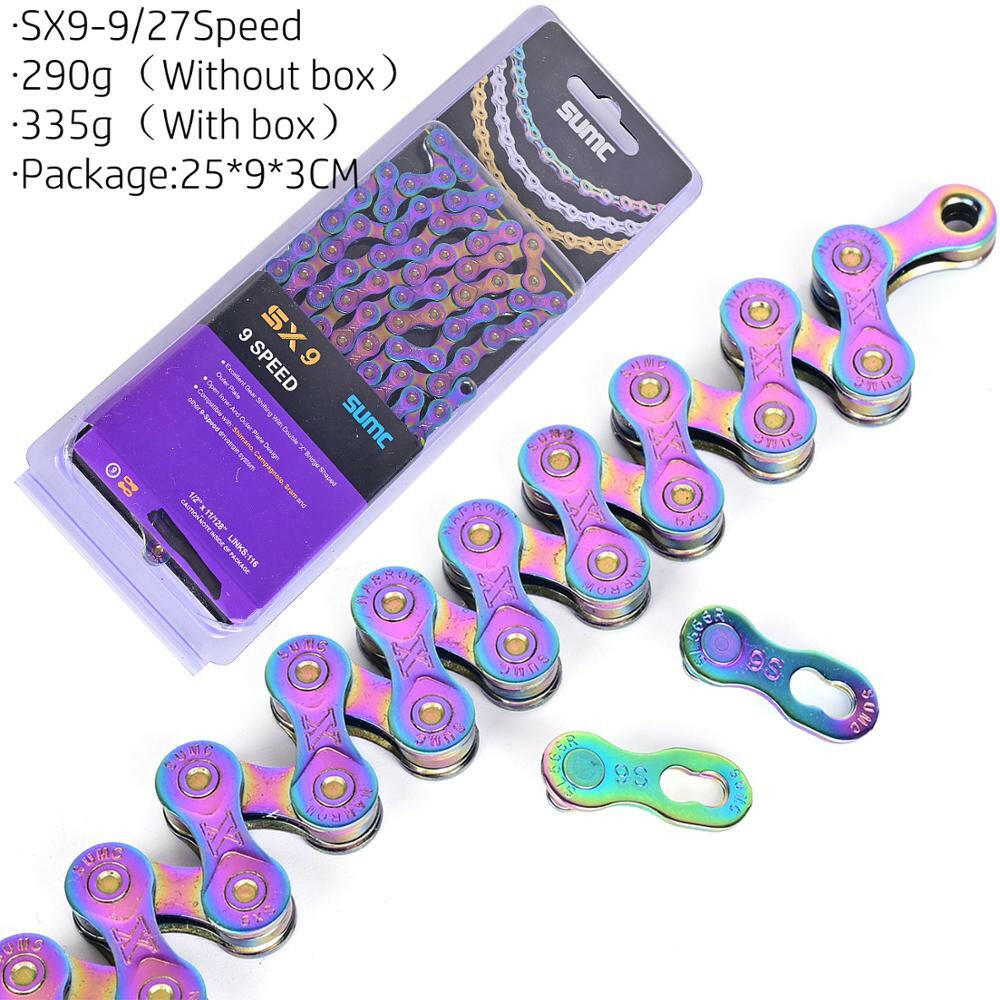 SUMC Bicycle Chain Multi-Colored Rainbow Hollow 9/10/11/12 Speed Semi-Hollow Magic Buckle Road Bike and MTB 126L 116L 250g-WAYBIKER