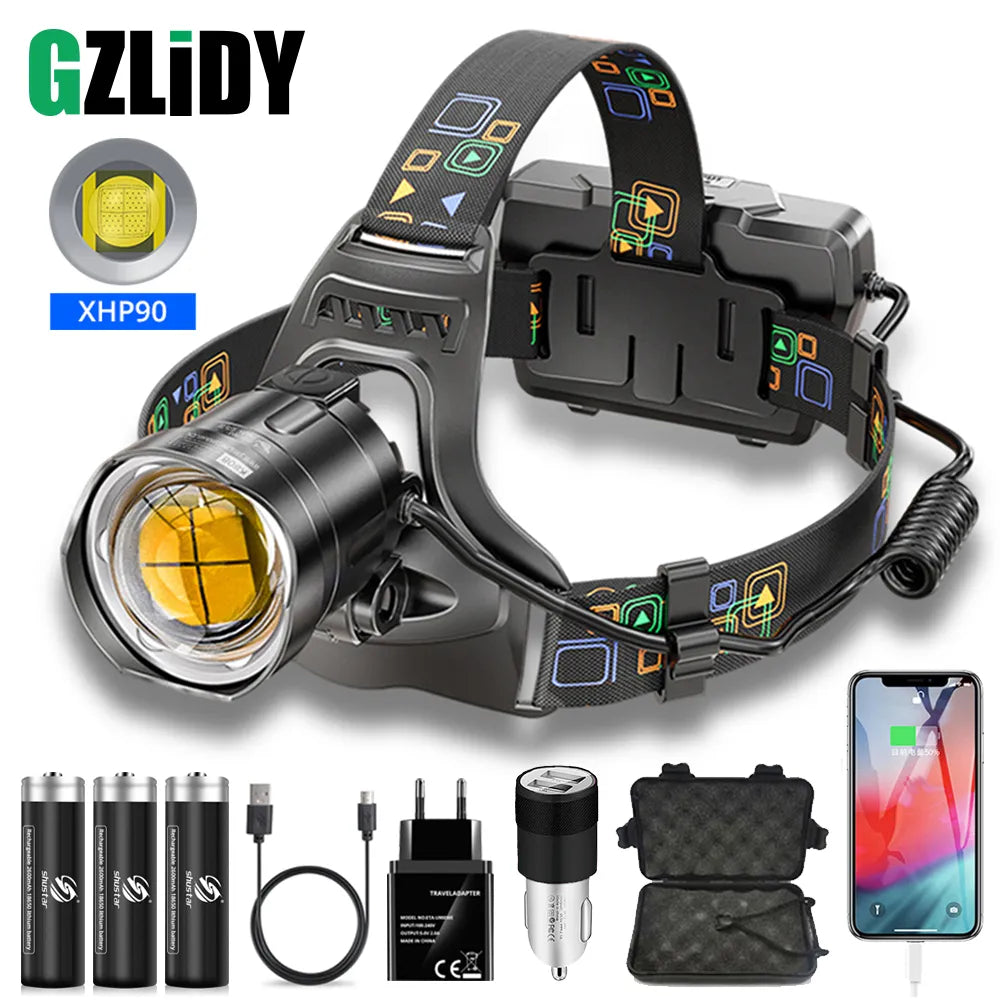 Powerful XHP90 LED Headlamp 3 Modes Waterproof Zoom Headlight USB Rechargeable 18650 Lantern Suitable for Hunting, Fishing.etc-WAYBIKER
