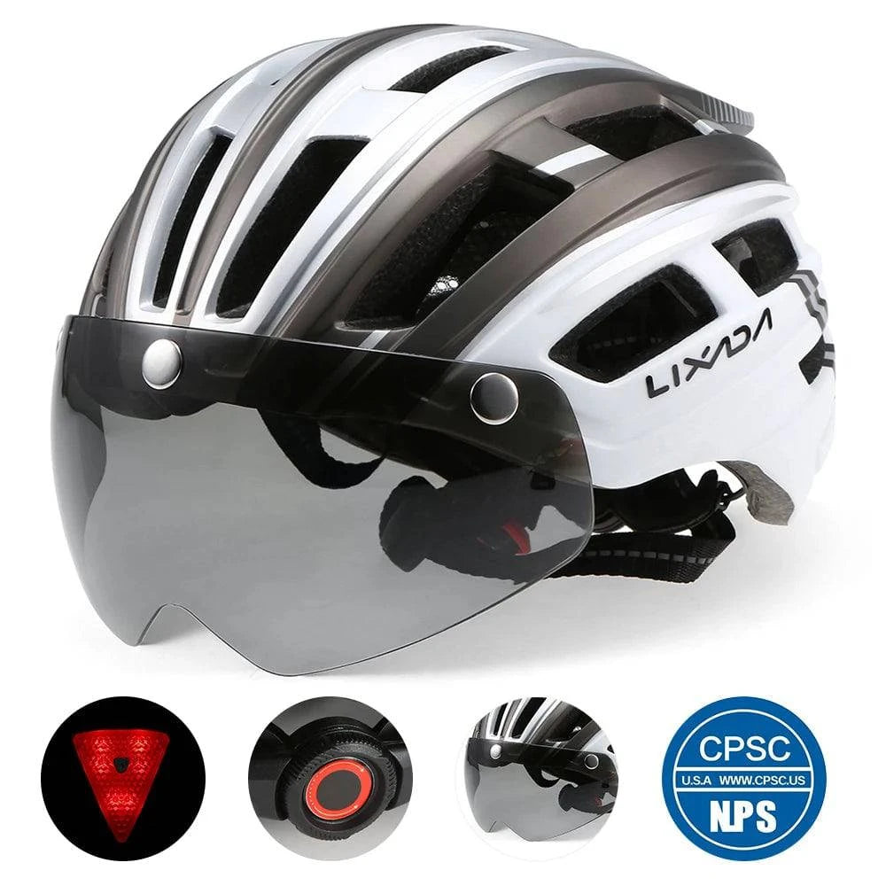 Lixada Bicycle Helmet LED Moutain Road USB Rechargeable Light Cycling Helmet For Man Sun Visor Goggles Men MTB Bike Headgear-WAYBIKER