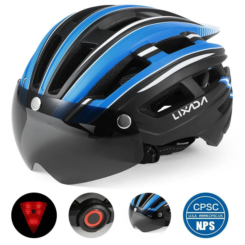 Lixada Bicycle Helmet LED Moutain Road USB Rechargeable Light Cycling Helmet For Man Sun Visor Goggles Men MTB Bike Headgear-WAYBIKER