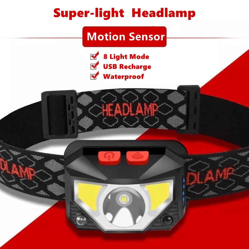 8 Modes Handfress Motion Sensor Powerful LED Headlight headlamp Head Lamp COB Flashlight Torch head light For Camping, fishing-WAYBIKER