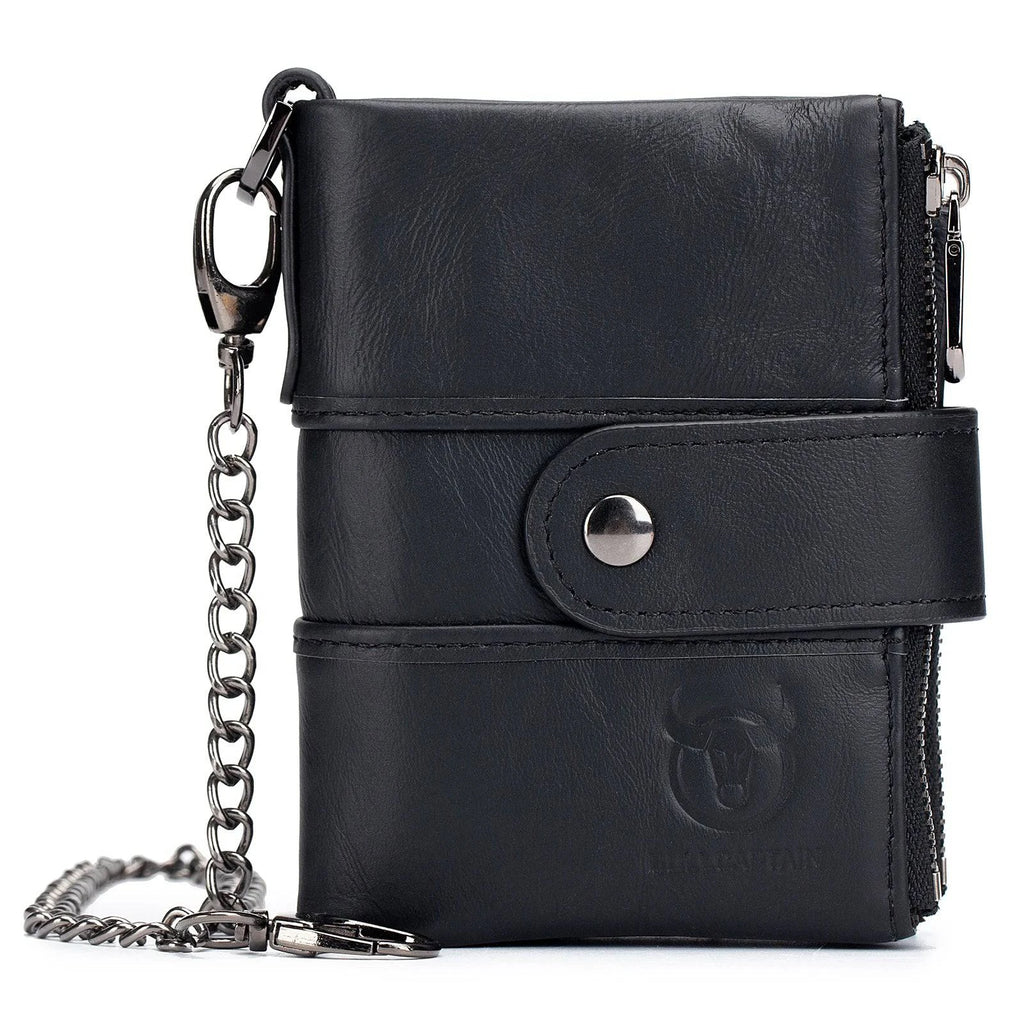 BULLCAPTAIN Durable Men Vintage Cow Leather Wallet Card Holder Foldable Wallet Purse with Chain Black / Coffee / Brown 2021-WAYBIKER