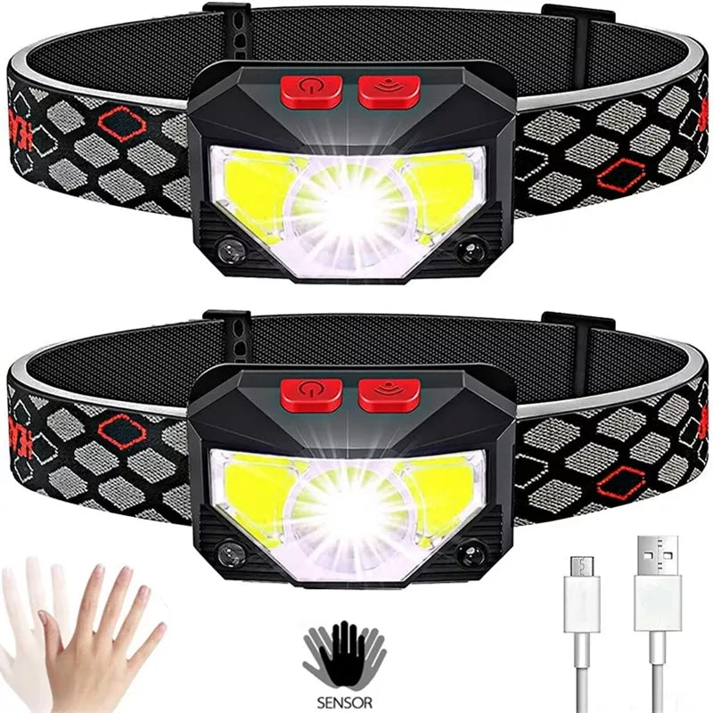 2 pack Powerful LED Headlight Sensor Head Light USB Rechargeable Headlamp Head Torch Waterproof Flashlights  for Camping Hiking-WAYBIKER
