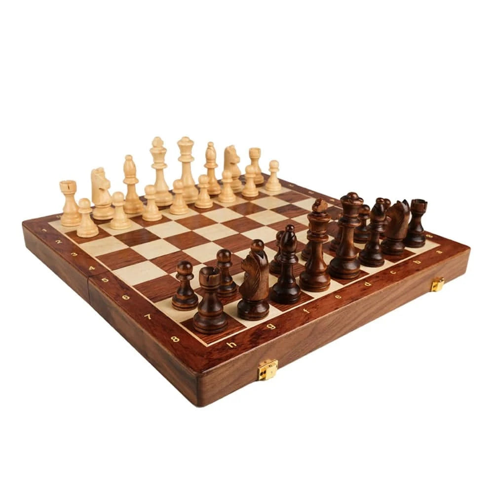 Wooden Chess Board Set 15 Inch International Chess Game Foldable Chess Board with Crafted Chess Pieces and Storage Slots-WAYBIKER