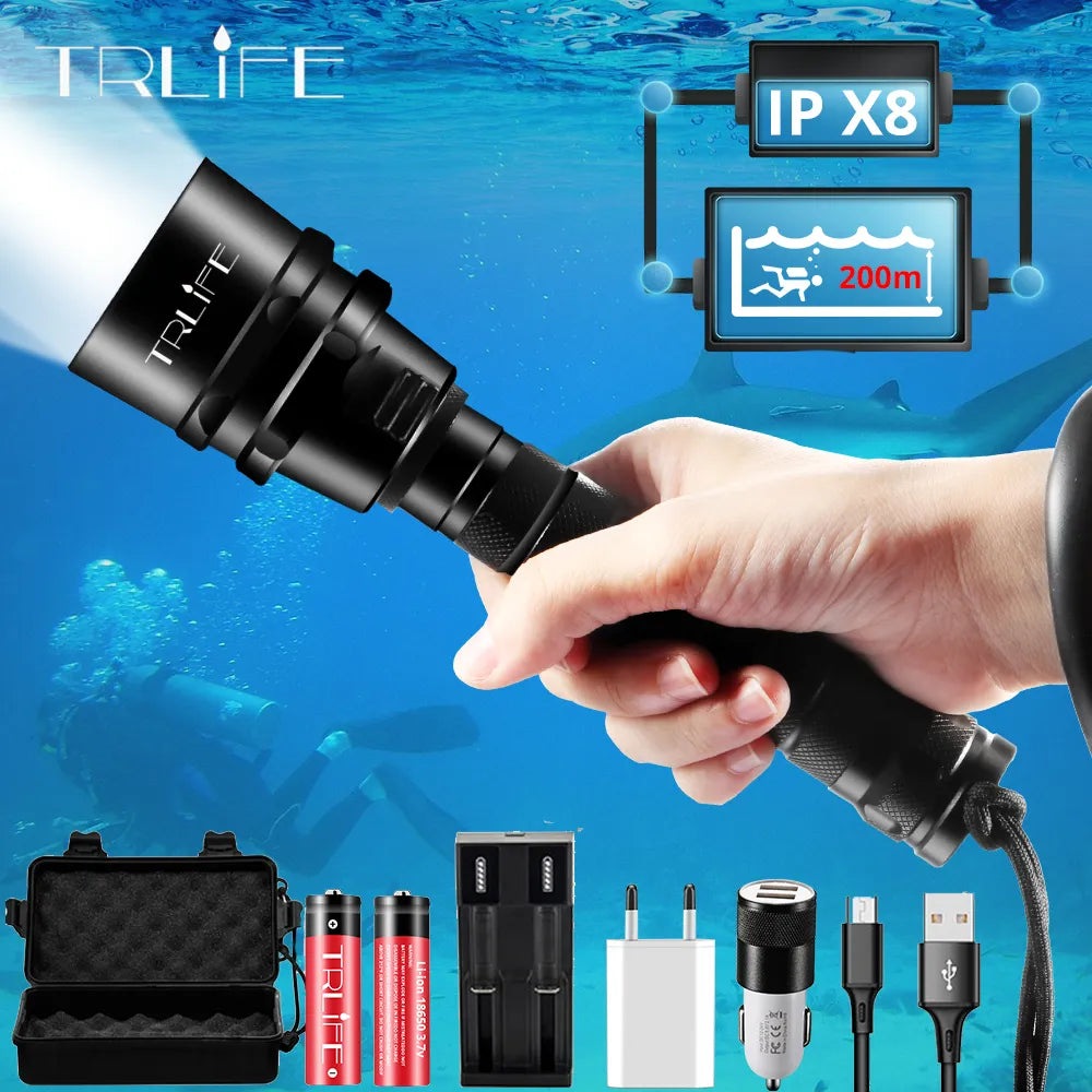 Brightest Professional Diving Flashlight  L2 Portable Scuba Dive torch 200M Underwater IPX8 Waterproof 18650 Flashlights-WAYBIKER