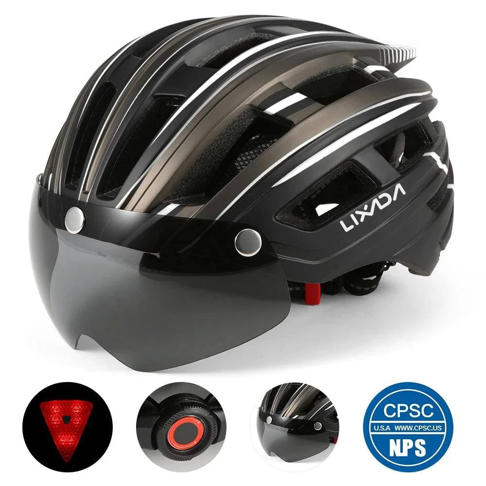 Lixada Bicycle Helmet LED Moutain Road USB Rechargeable Light Cycling Helmet For Man Sun Visor Goggles Men MTB Bike Headgear-WAYBIKER