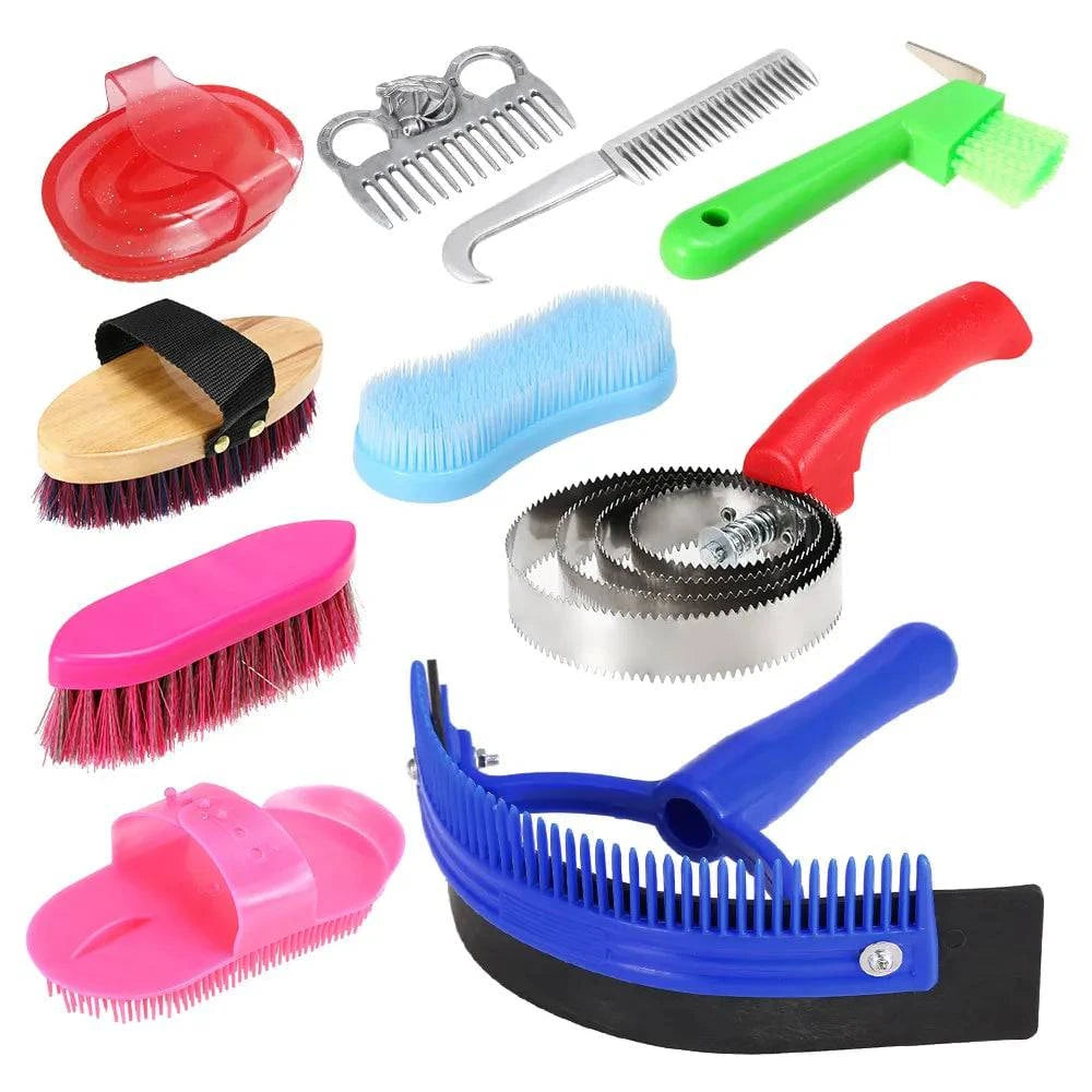 Horse Grooming Tool Set Cleaning Kit Horse Mane Tail Comb Massage Curry Brush Sweat Scraper Hoof Pick Curry Comb Scrubber-WAYBIKER