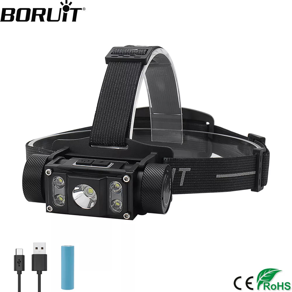 BORUiT Powerful LED Headlamp 6000LM Headlight TYPE-C Rechargeable 21700 Battery Head Torch Waterproof Fishing Lantern-WAYBIKER