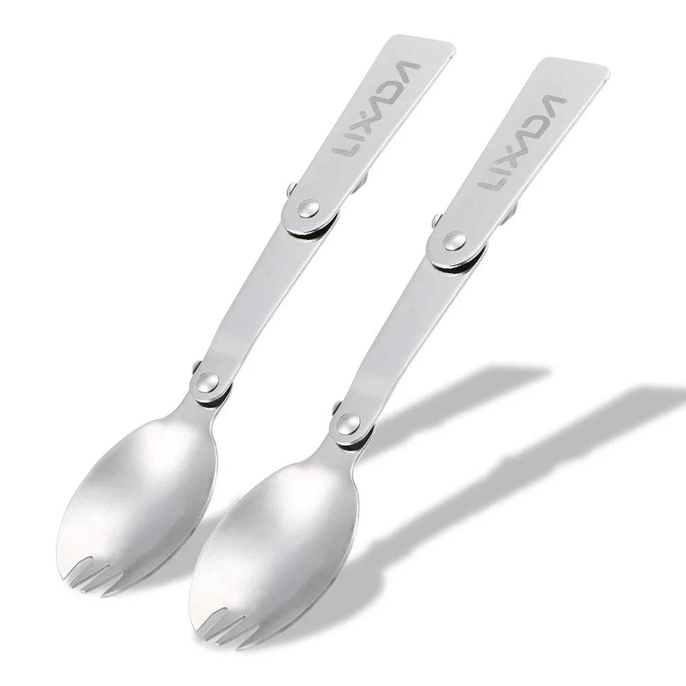 2 pcs Outdoor Camping Picnic Spoon Fork Foldable Stainless Steel Spork for Hiking Cooking Picnic Tableware Camping Equipment-WAYBIKER